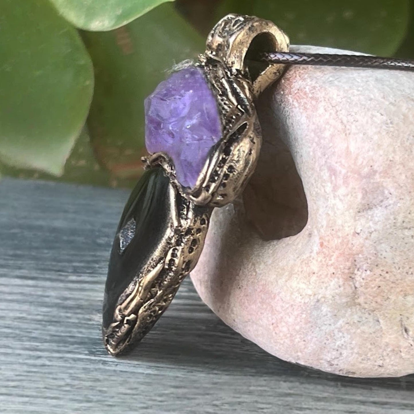 Amethyst and Druzy Onyx Pendant Necklace -  Healing Crystal Amulet