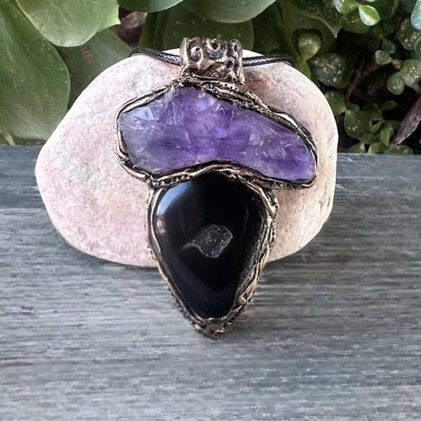 Amethyst and Druzy Onyx Pendant Necklace -  Healing Crystal Amulet