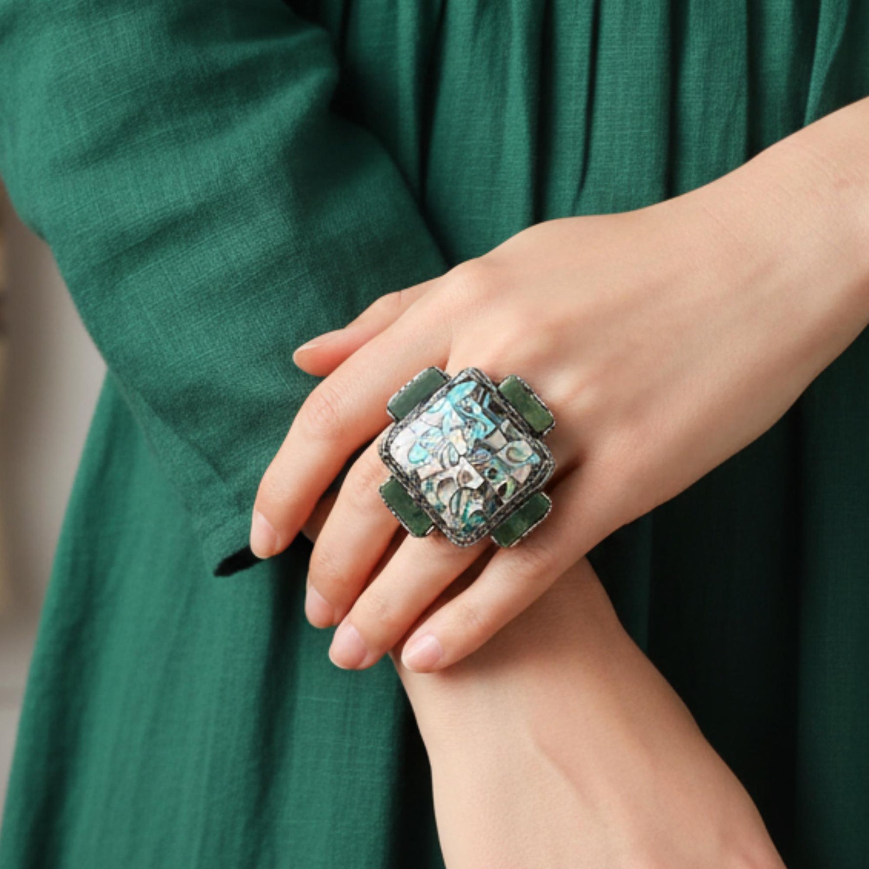 Abalone and Jade Green Stone Ring - Chunky Square Oversized Cocktail Ring