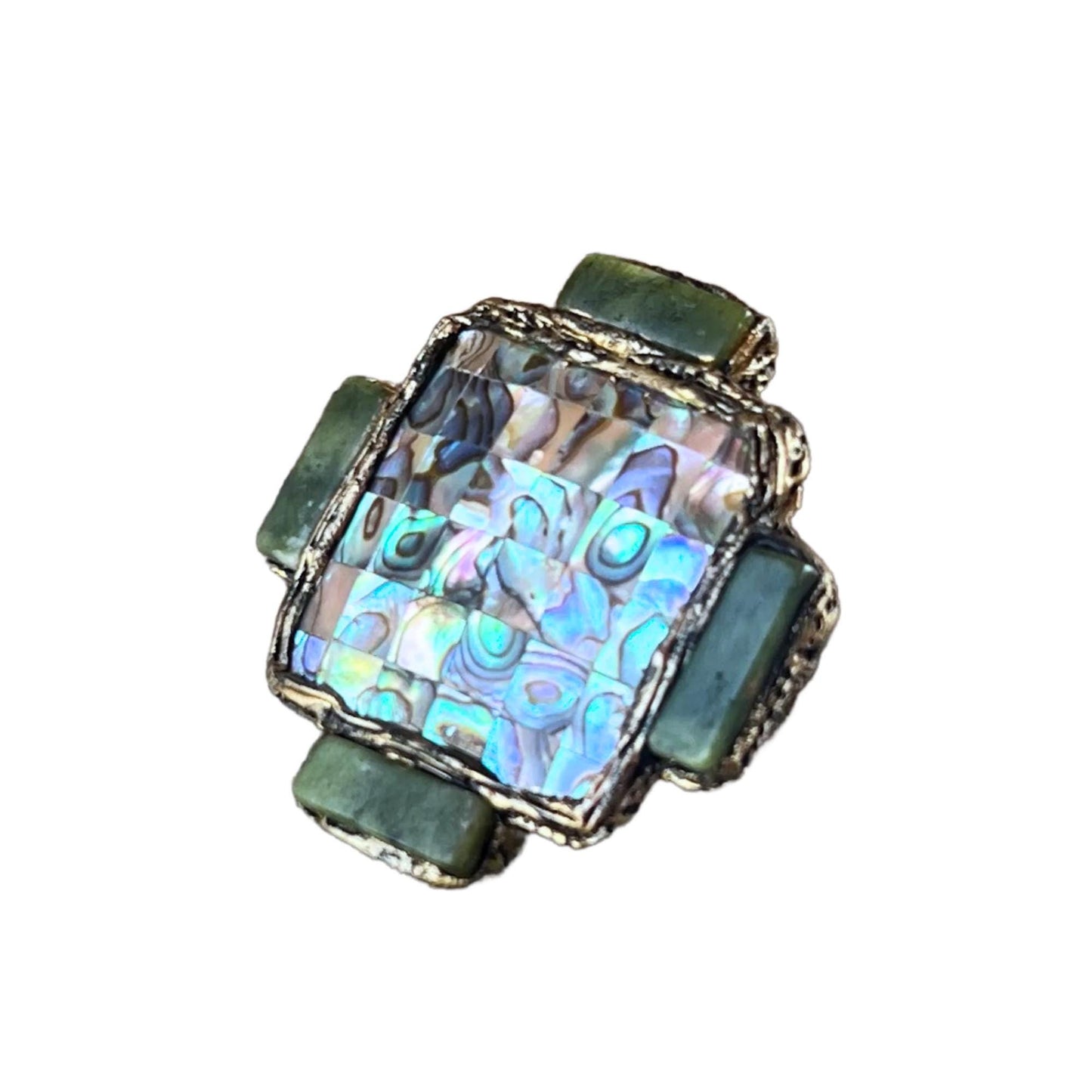 Abalone and Jade Green Stone Ring - Chunky Square Oversized Cocktail Ring
