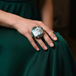 Abalone and Jade Green Stone Ring - Chunky Square Oversized Cocktail Ring