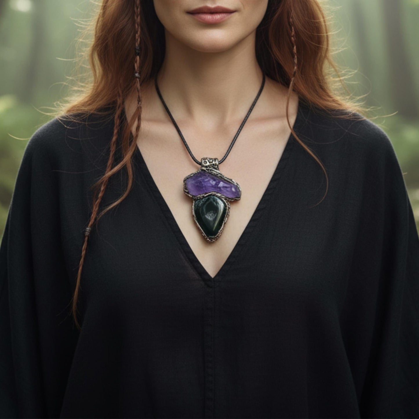 Amethyst and Druzy Onyx Pendant Necklace -  Healing Crystal Amulet