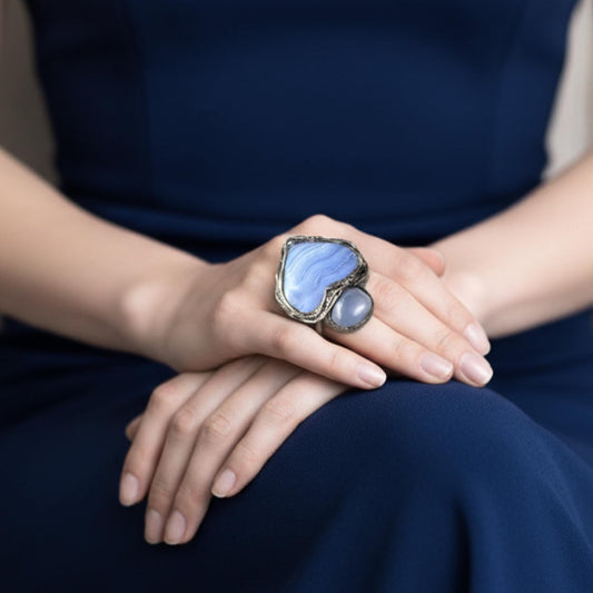 Blue Lace Agate and Chalcedony Chunky Heart Ring -  Large Stone Cocktail Ring