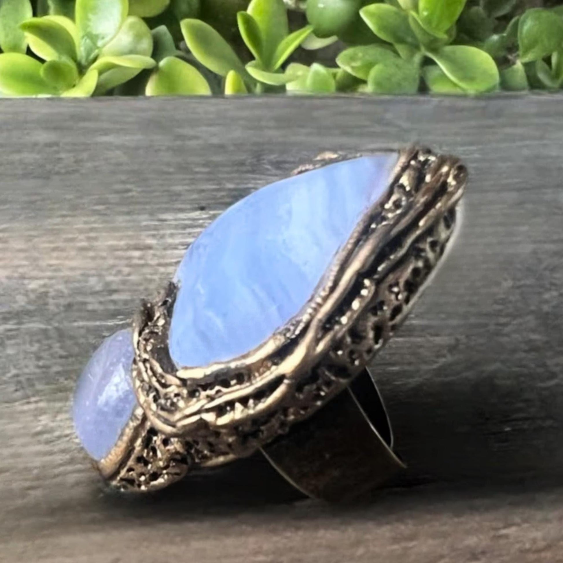 Blue Lace Agate and Chalcedony Chunky Heart Ring -  Large Stone Cocktail Ring
