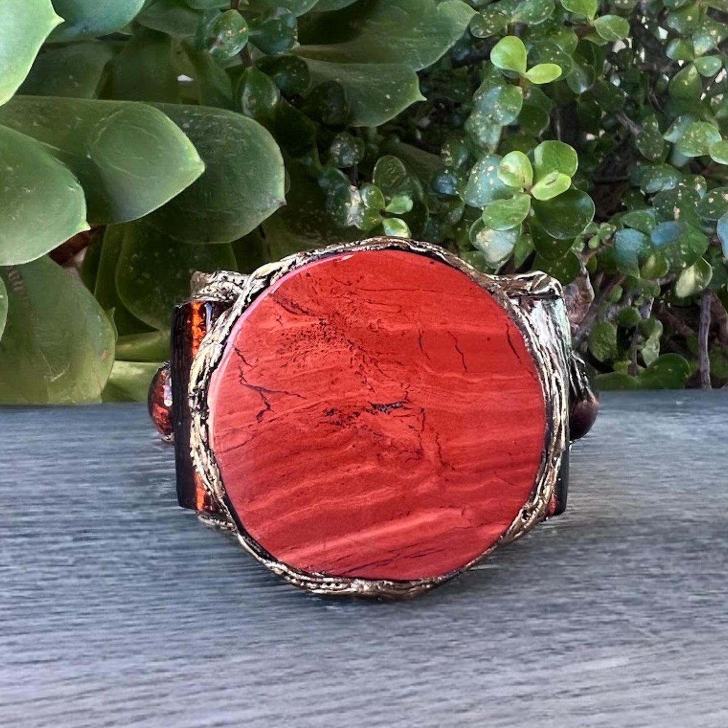 Red Jasper Stone Wide Cuff Bracelet Chunky Statement Jewelry