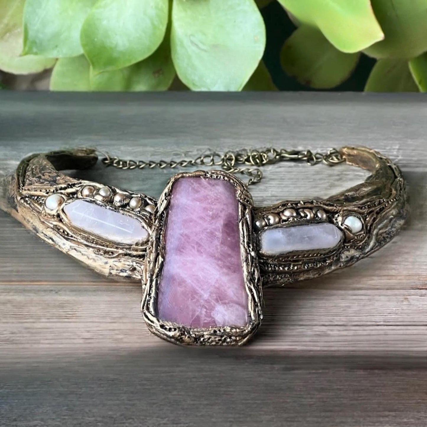 Rose Quartz Choker Collar Evening Dress Necklace  - Unique Crystal Jewelry for Special Occasions