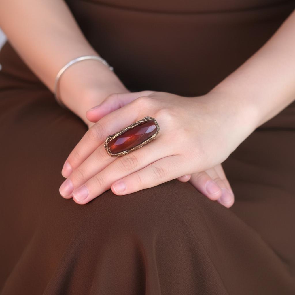 Large Carnelian ring orange long stone ring