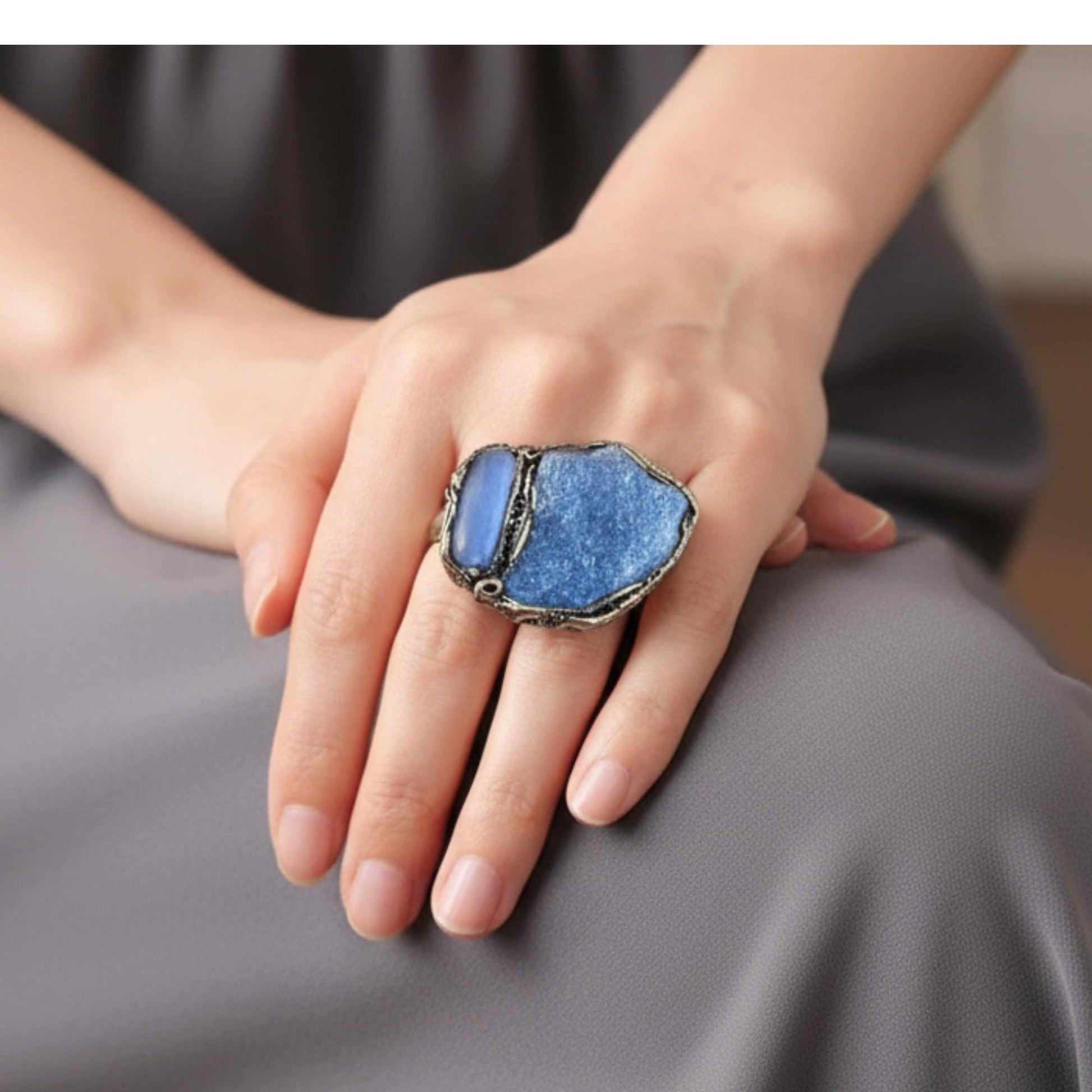 Aventurine and Onyx Blue Stone Ring Chunky Large Statement Cocktail Ring