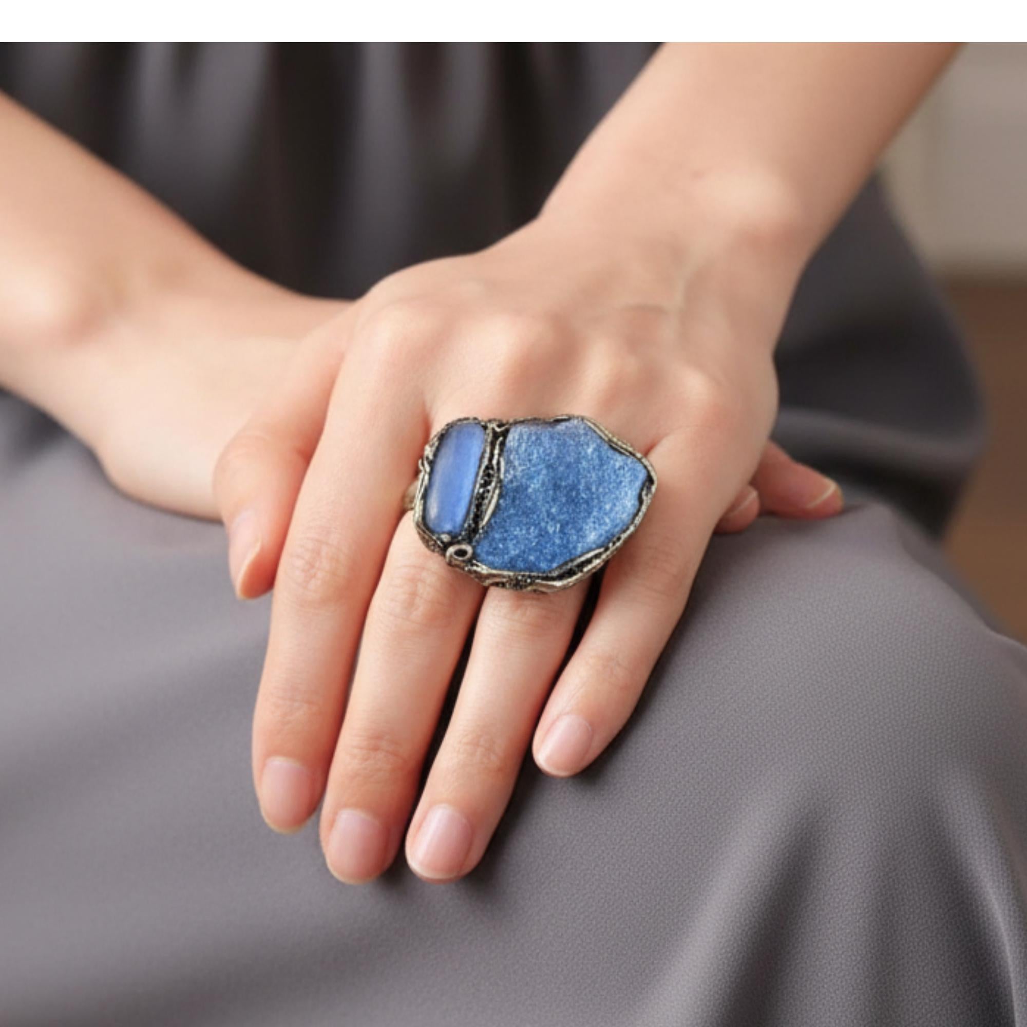 Large Blue Aventurine and Blue Onyx statement ring with two natural blue stones in a handcrafted sculptural setting.