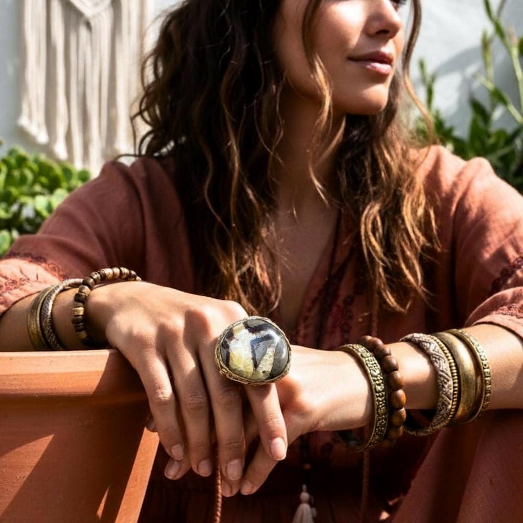 Chunky Septarian Stone Ring -  Oversized Round Cocktail Ring