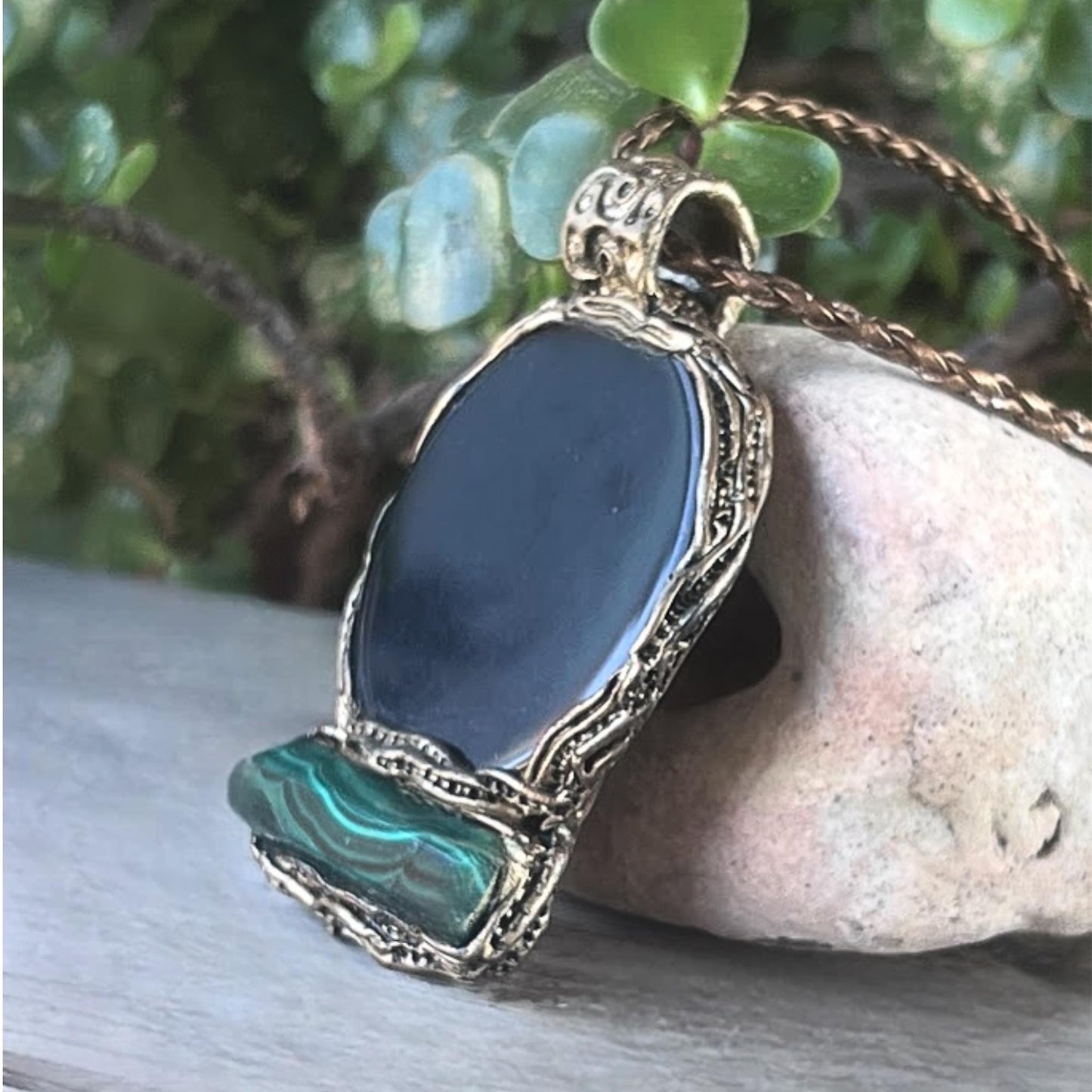 Empath Protection Amulet Necklace with Obsidian and Malachite