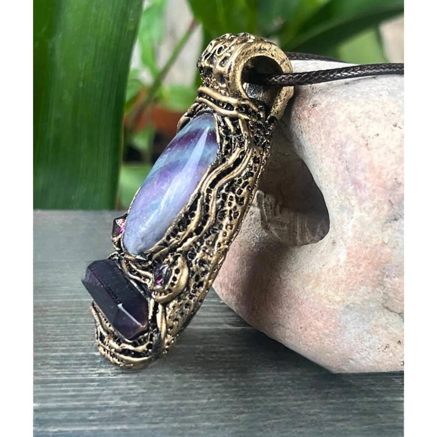 Fluorite and Amethyst Pendant Necklace -  Purple Crystal Amulet