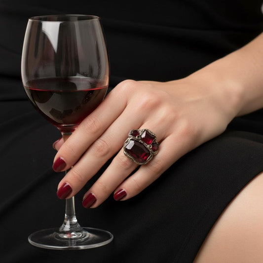 Dark Red Crystal Statement Cocktail Ring with Garnet Cubic Zirconia
