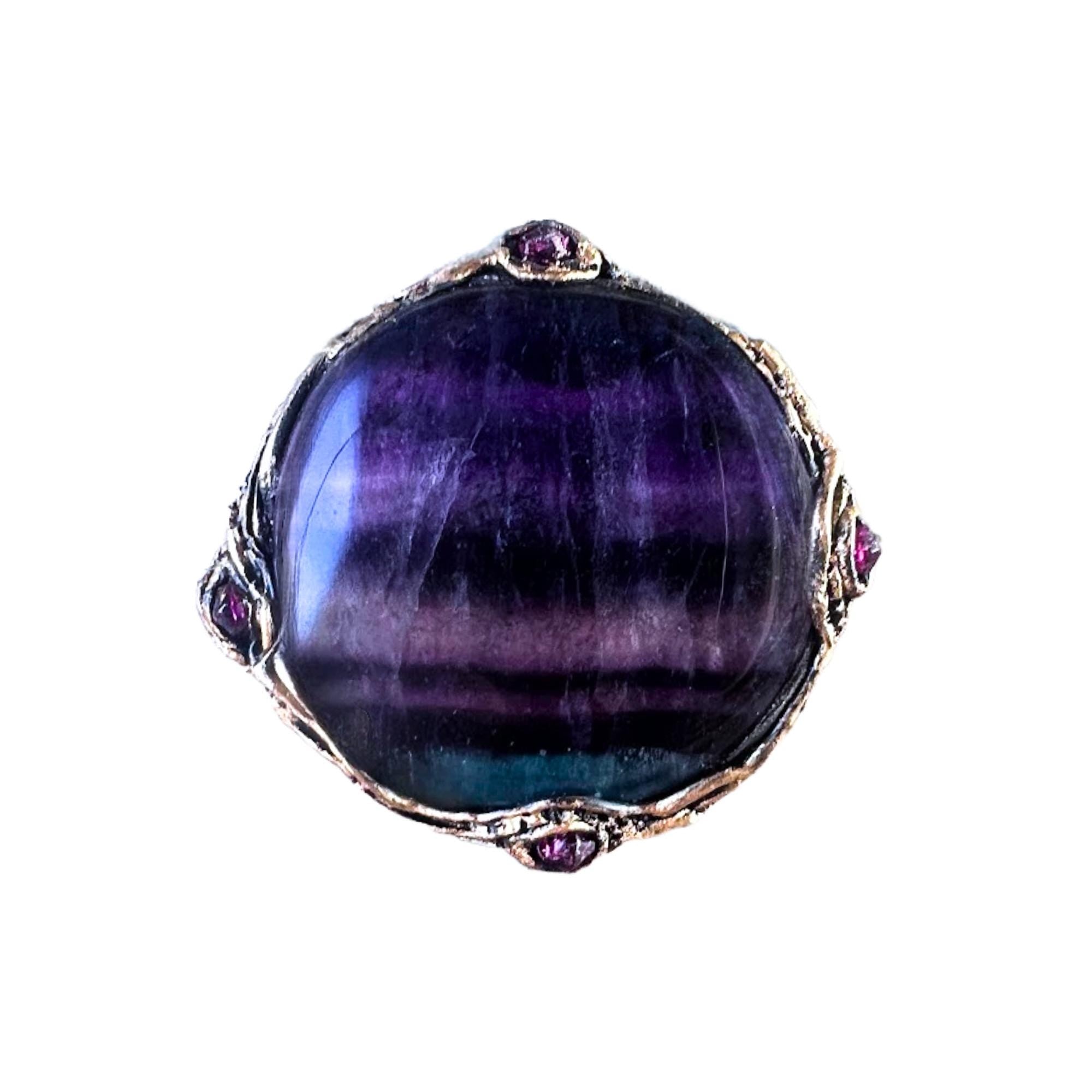 Chunky Rainbow Fluorite Ring -  Oversized Round Purple Stone Cocktail Ring
