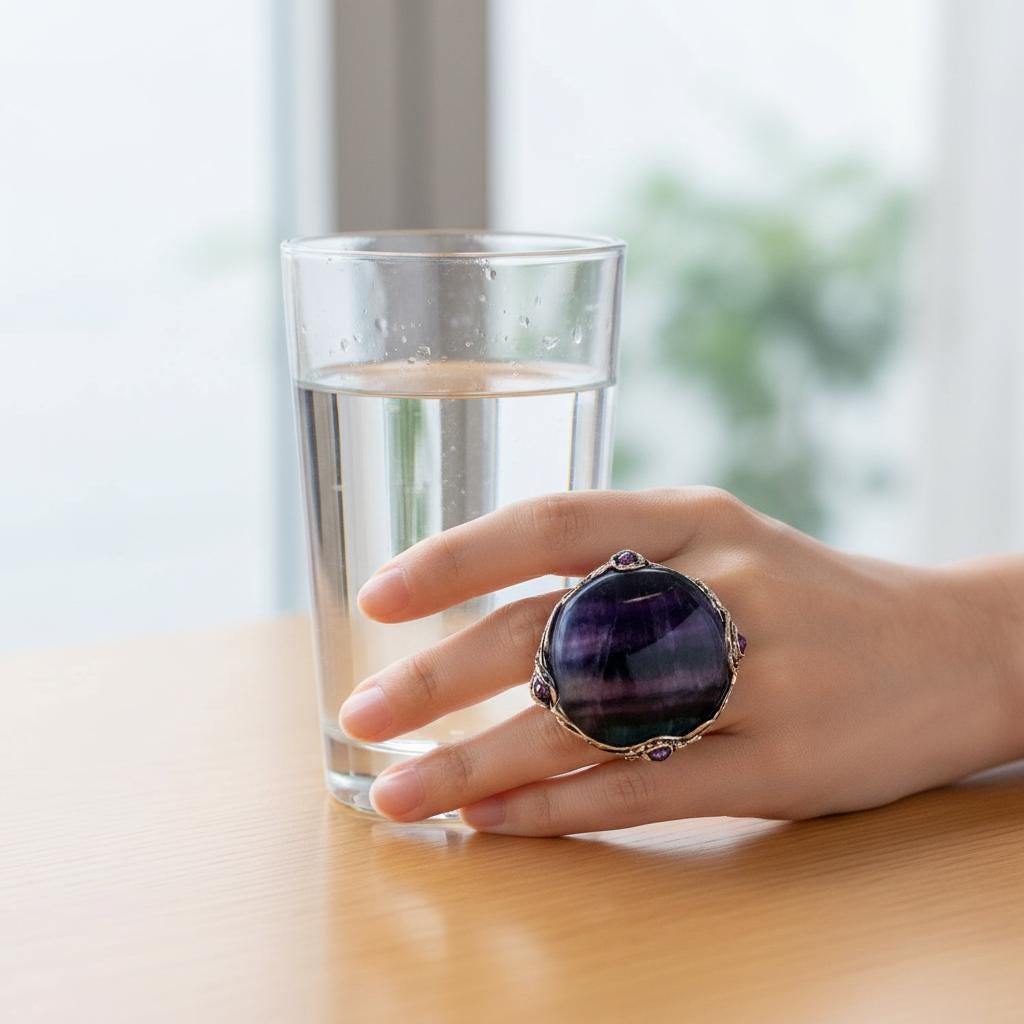 Chunky Rainbow Fluorite Ring -  Oversized Round Purple Stone Cocktail Ring