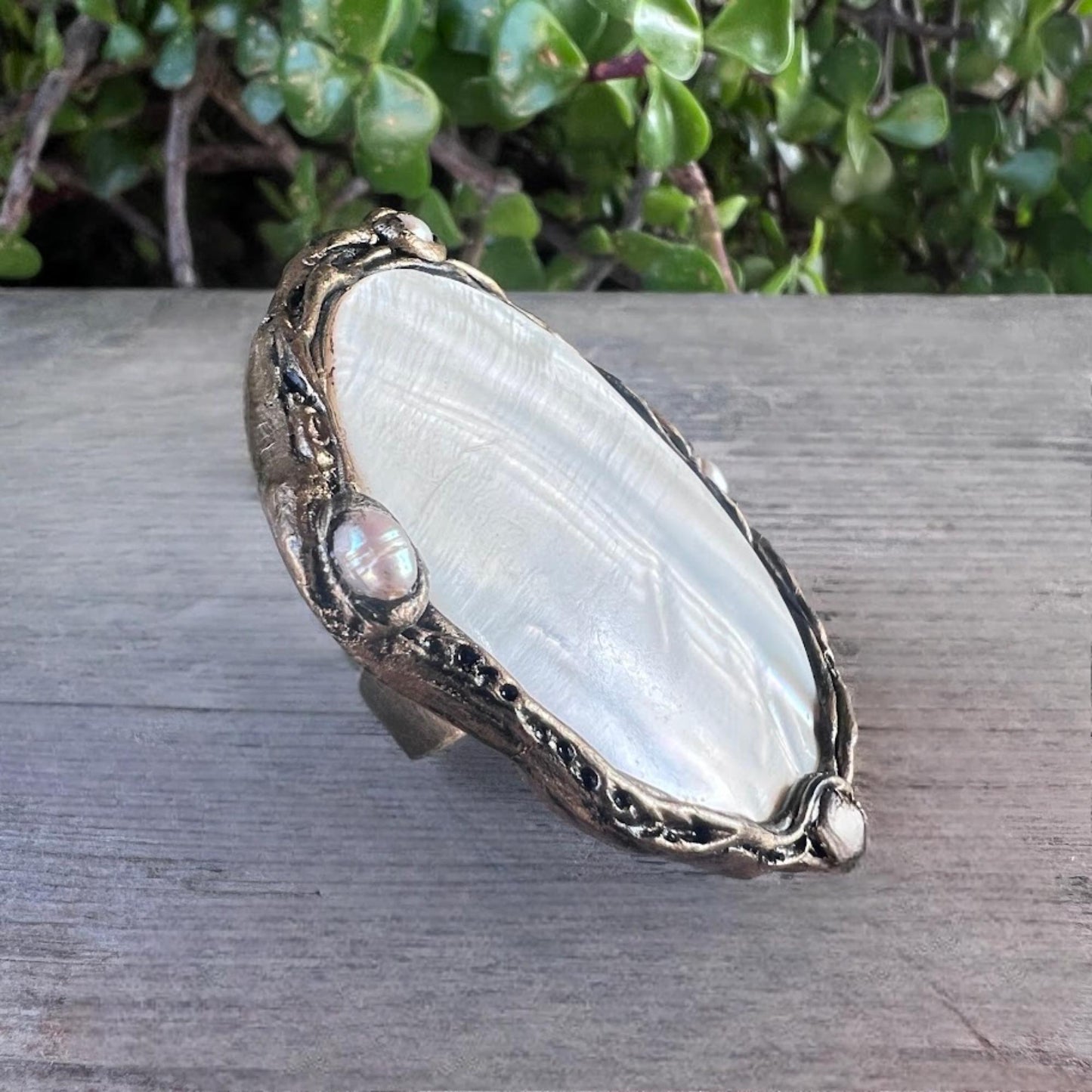 Oversized Mother of Pearl Round Cocktail Ring: Adjustable Chunky Statement