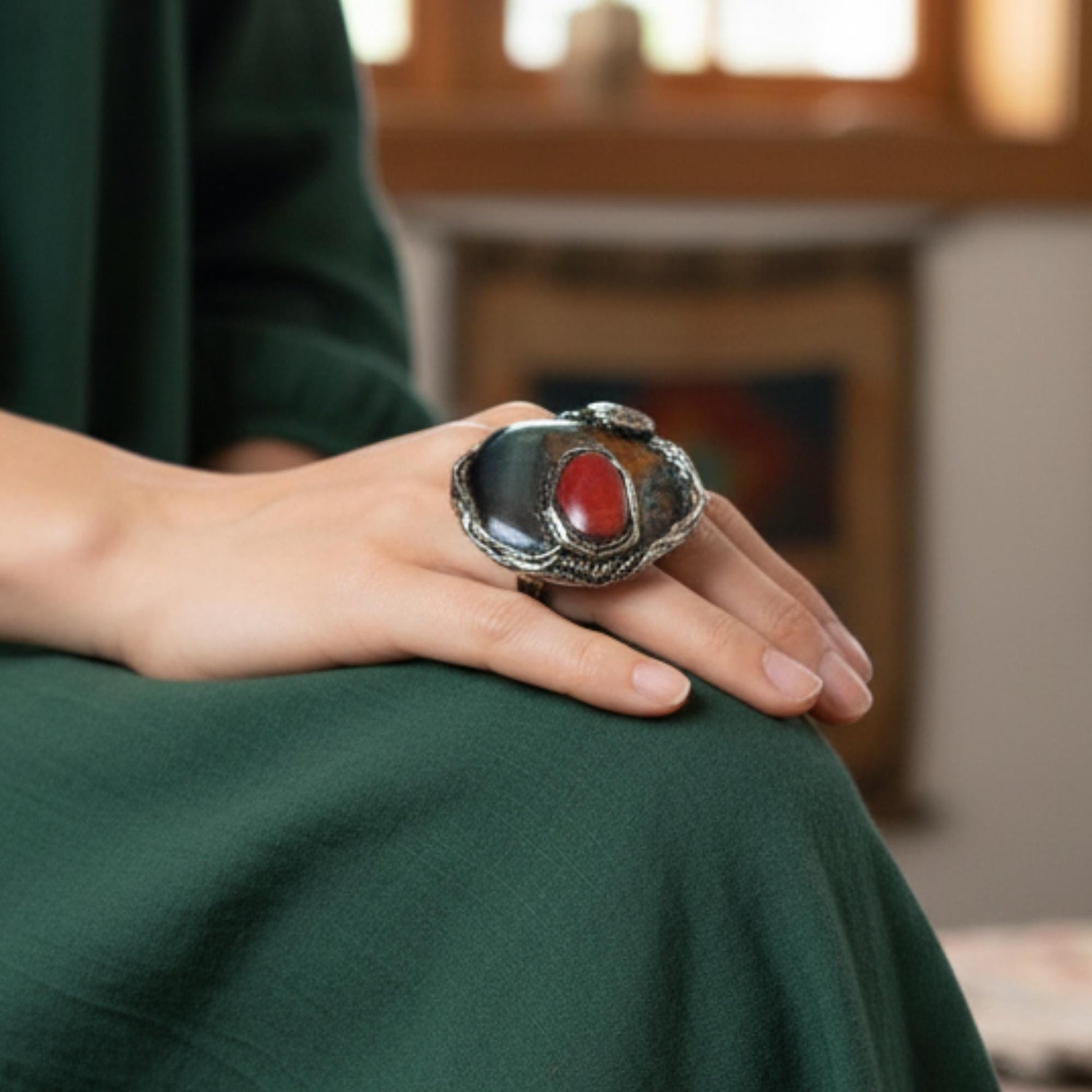 Chunky Moss Agate and Carnelian Ring -  Oversized Round Cocktail Ring
