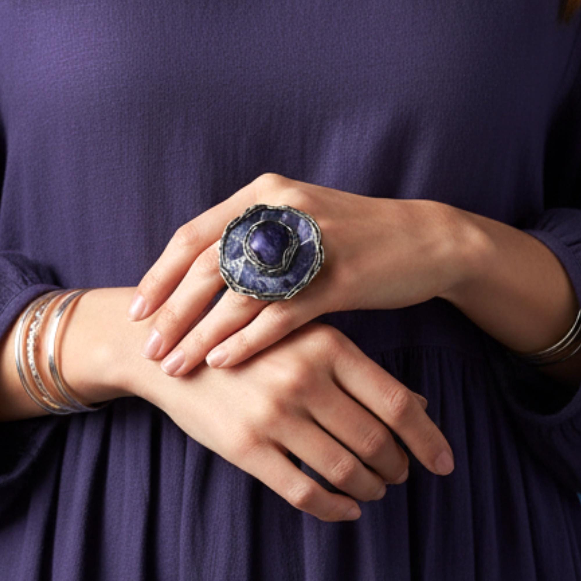 Chunky Chevron Amethyst Ring -  Oversized Round Purple Stone Cocktail Ring