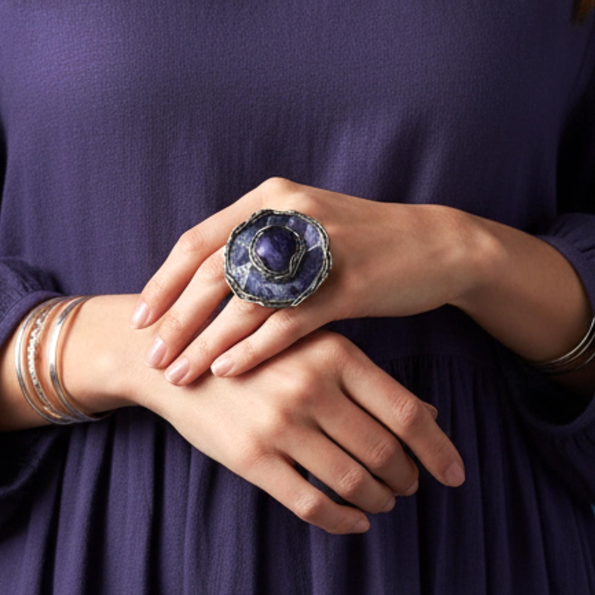Chunky Chevron Amethyst Ring -  Oversized Round Purple Stone Cocktail Ring