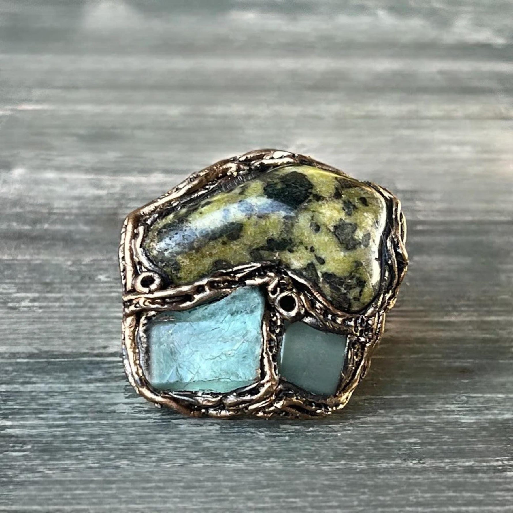 Chunky Green Stone Ring -  Serpentine Fluorite and Aventurine Oversized Cocktail Ring