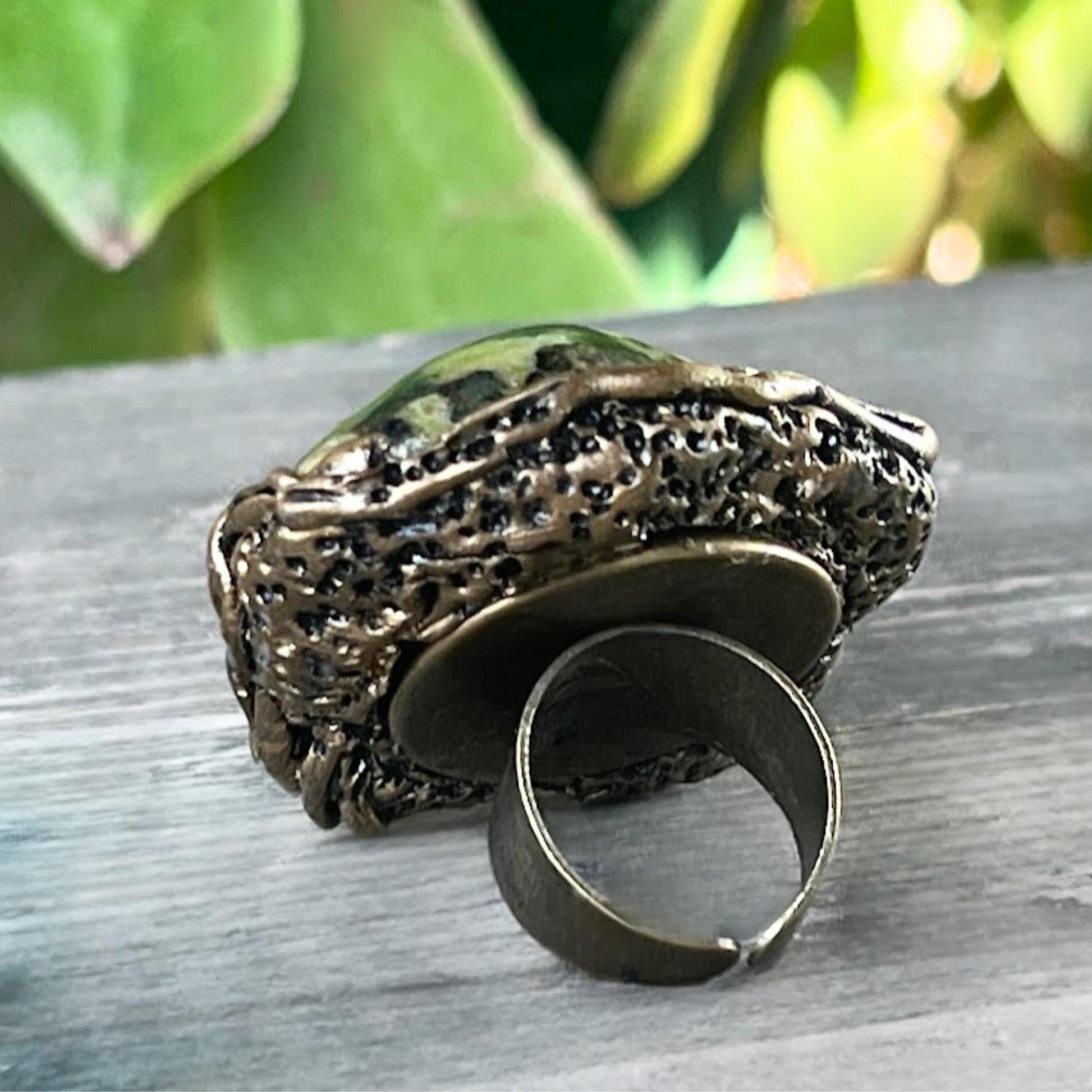 Chunky Green Stone Ring -  Serpentine Fluorite and Aventurine Oversized Cocktail Ring