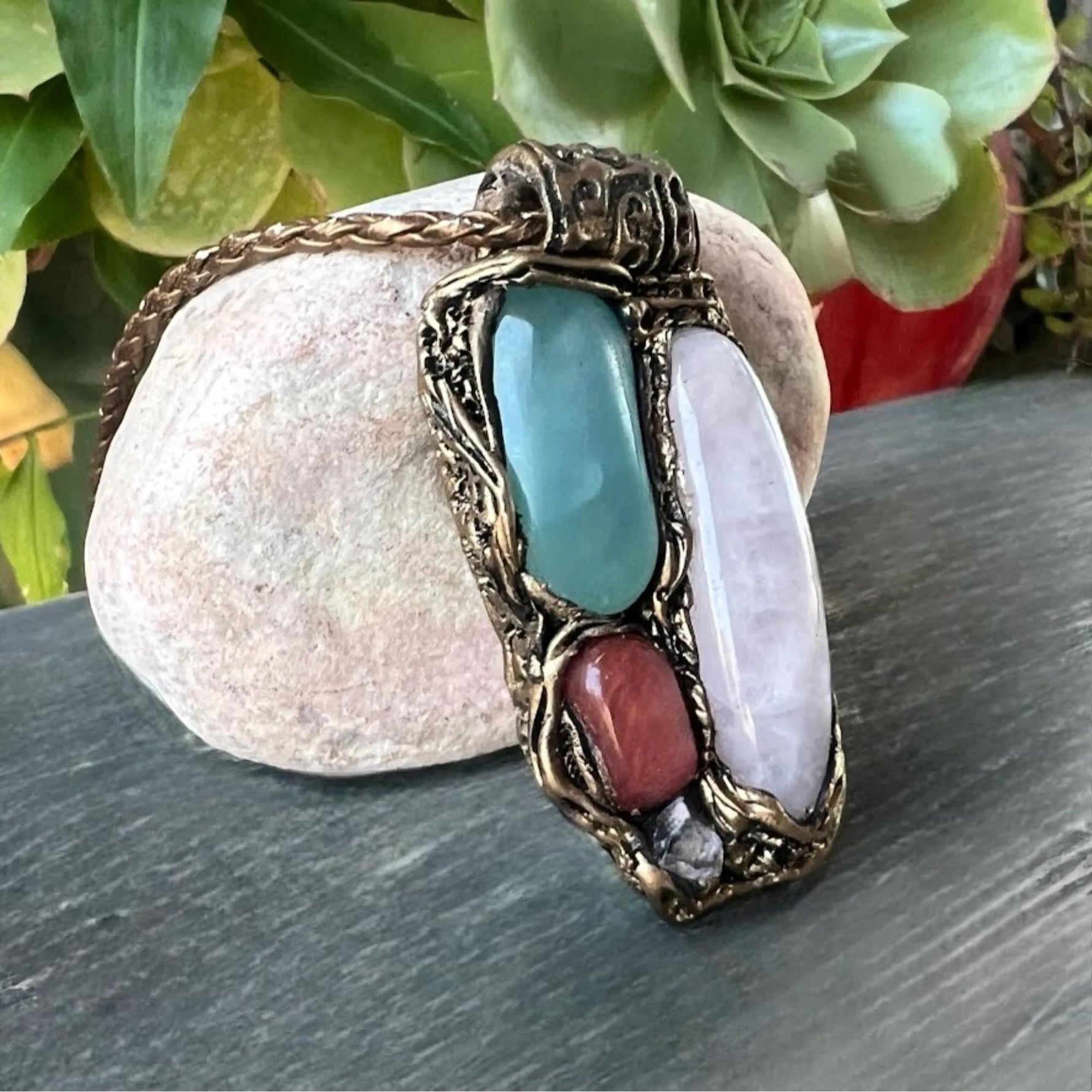 Rose Quartz Cherry Quartz Onyx Pendant Necklace Pink Green Crystal Amulet