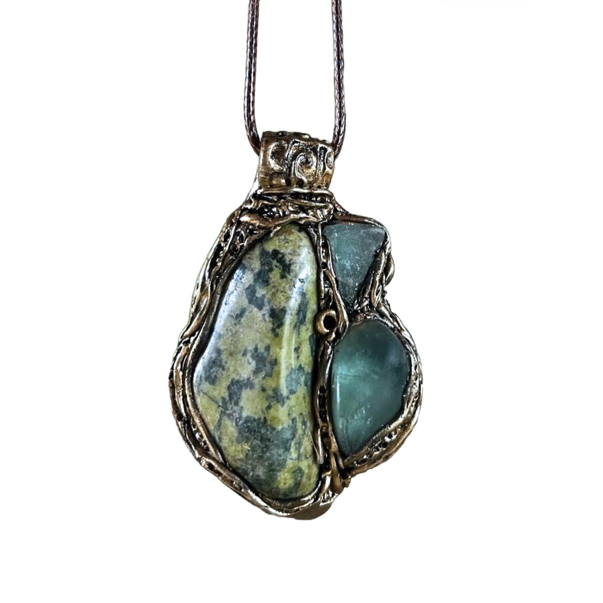 Serpentine and Fluorite Pendant Necklace -  Green Crystal Amulet