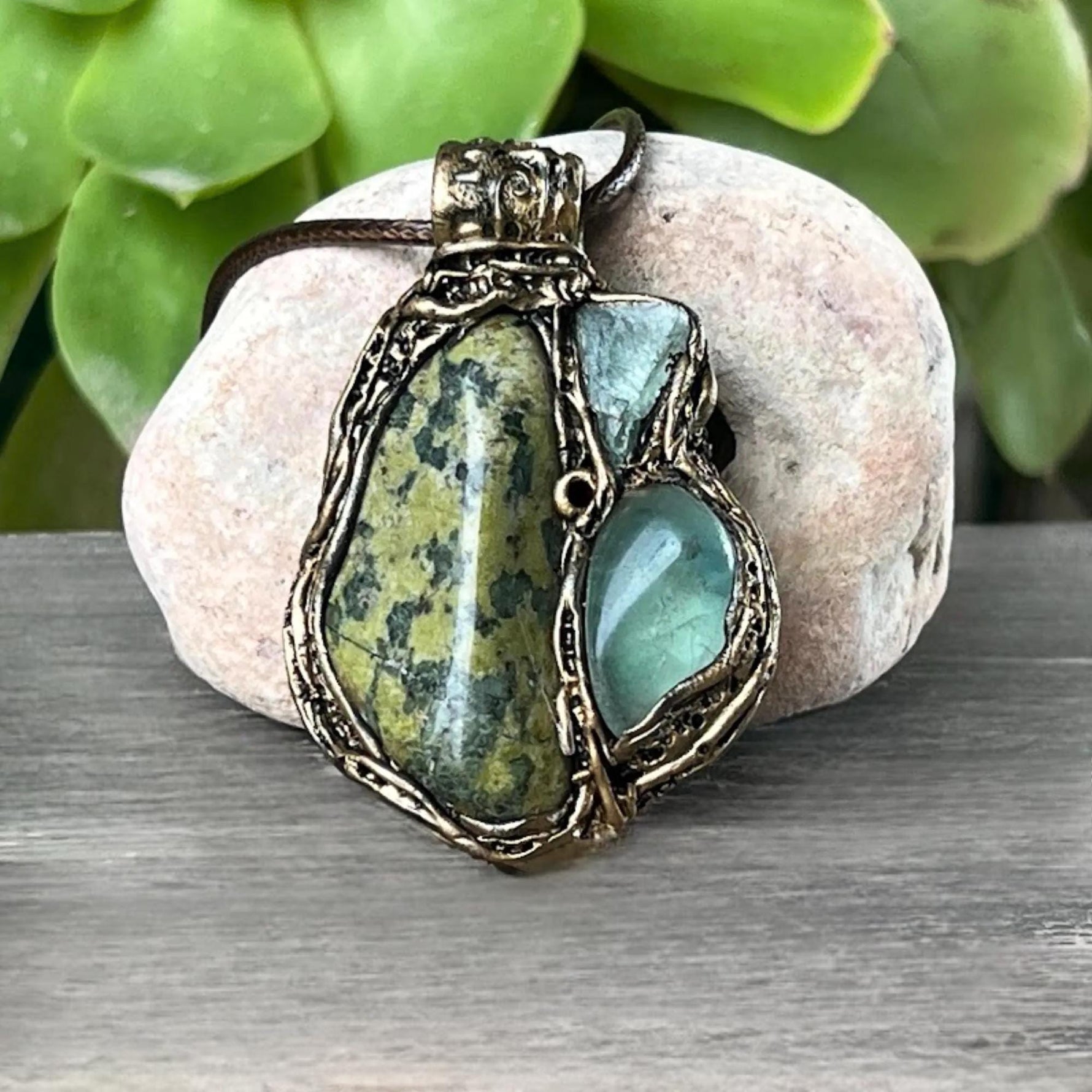 Serpentine and Fluorite Pendant Necklace -  Green Crystal Amulet