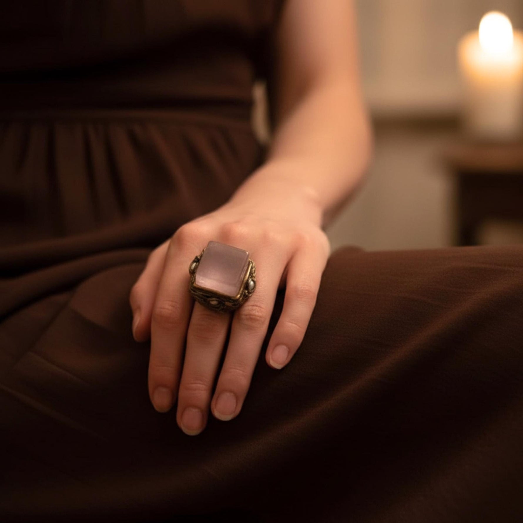 Chunky Rose Quartz Pink Stone Cocktail Ring