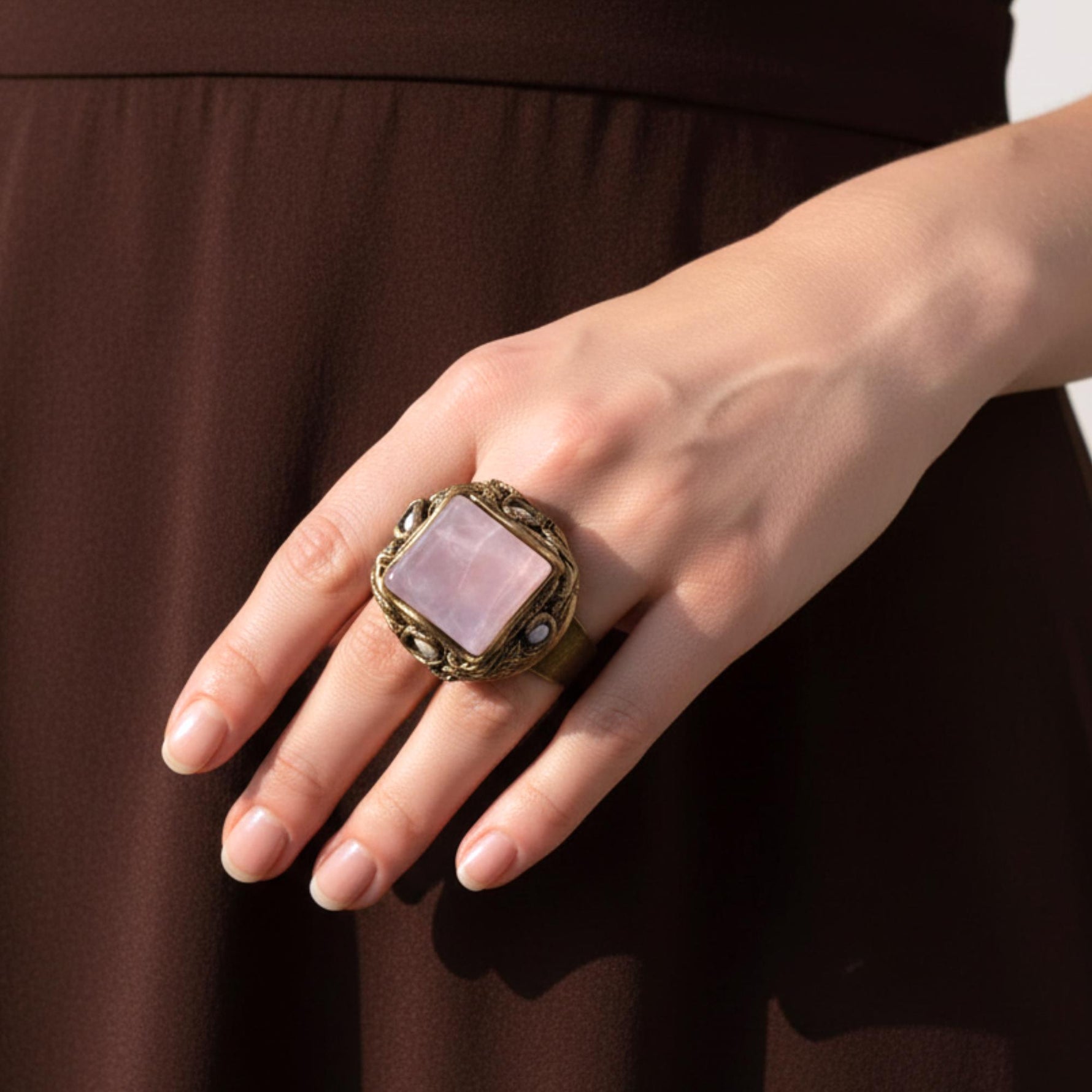 Chunky Rose Quartz Pink Stone Cocktail Ring
