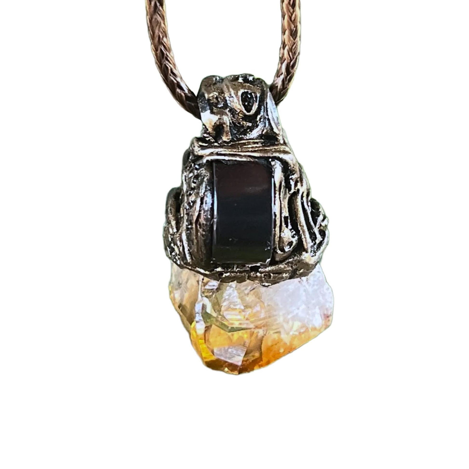 Citrine and Hematite Pendant -  Raw Crystal Amulet Necklace