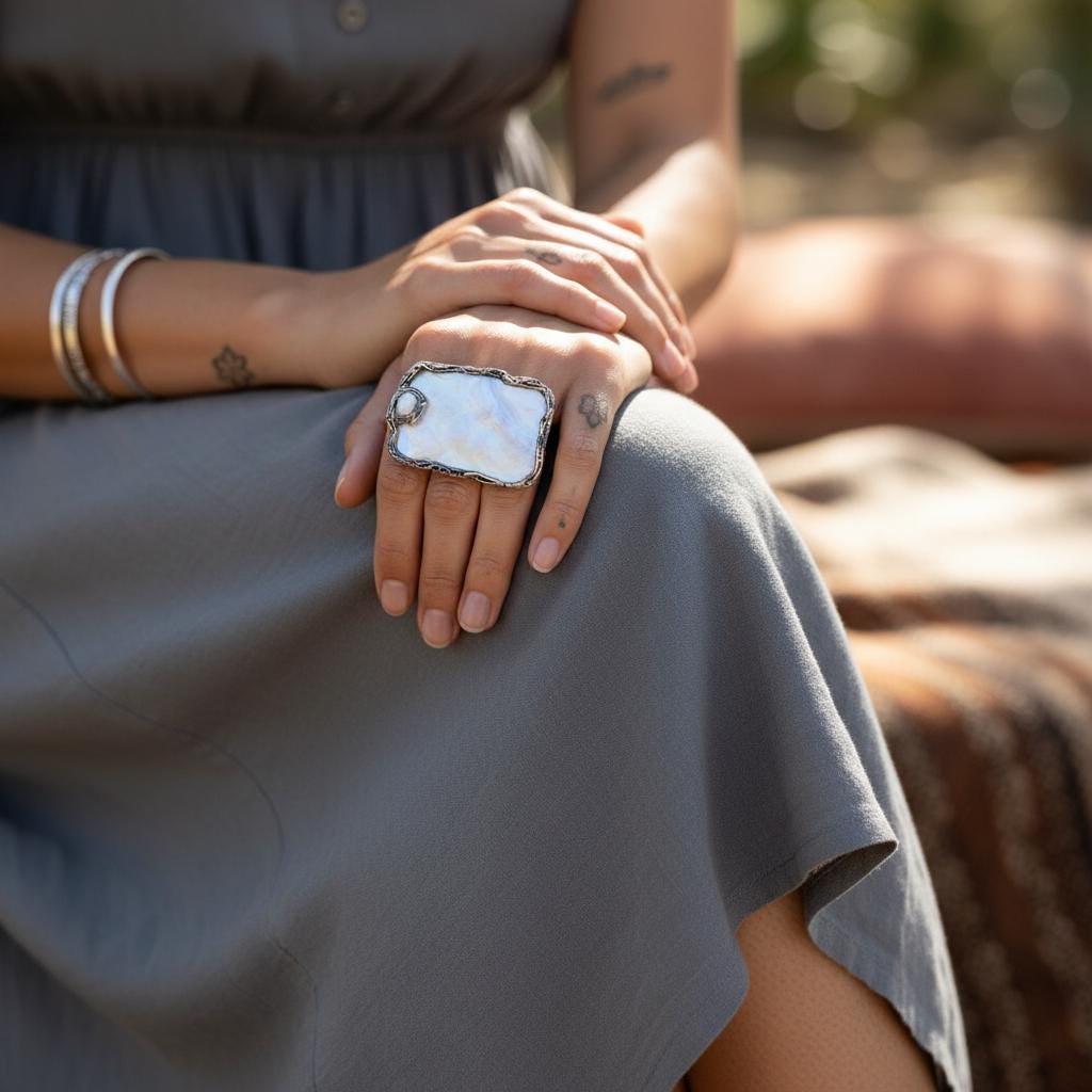 Chunky Rectangle Mother of Pearl Ring - Oversized Huge White Cocktail Jewelry