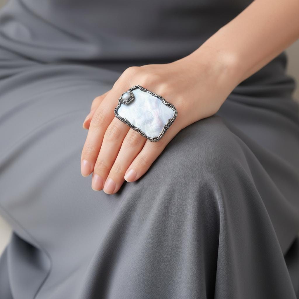 Chunky Rectangle Mother of Pearl Ring - Oversized Huge White Cocktail Jewelry