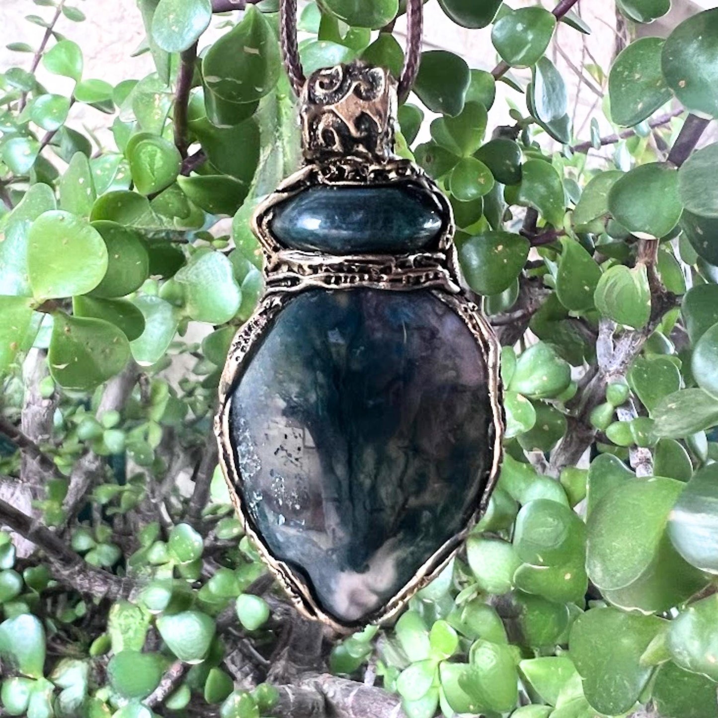 Moss Agate and Jade Statement Necklace -  Green Crystal Amulet