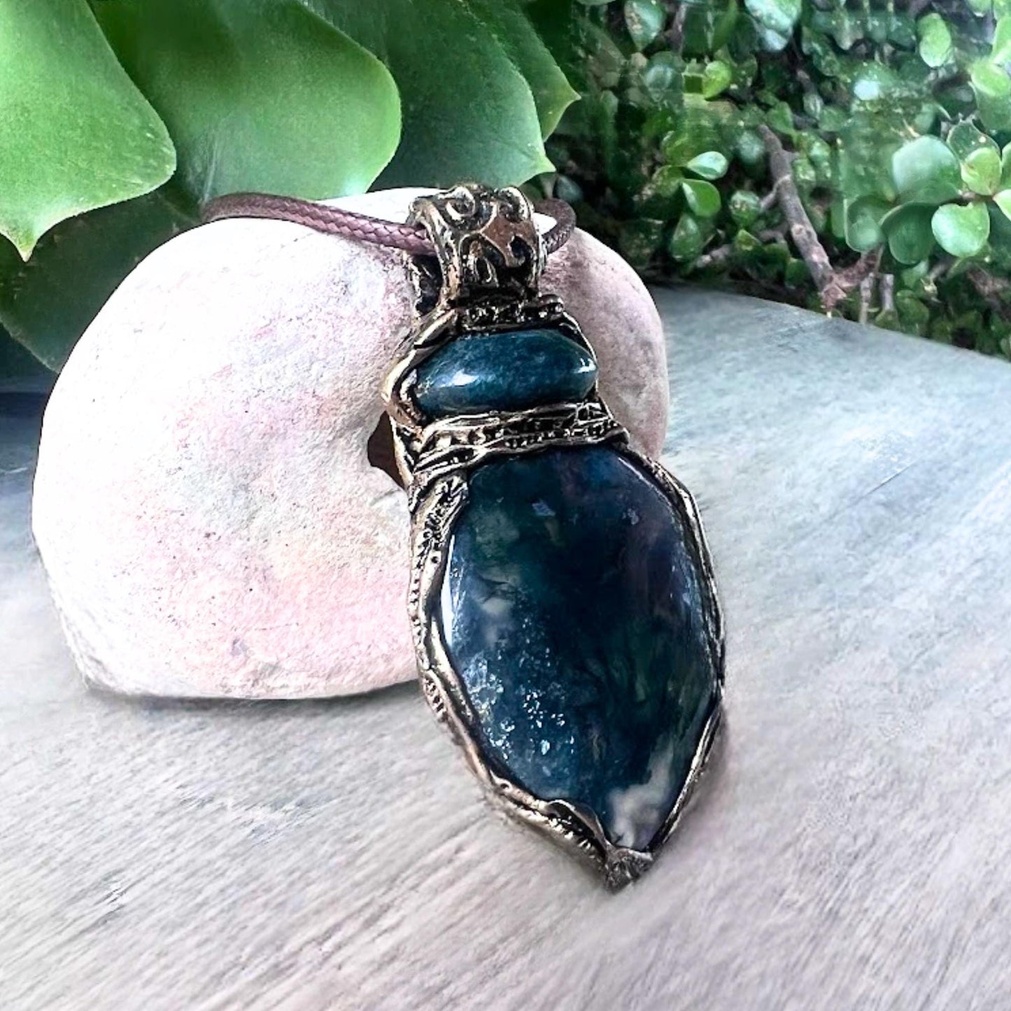 Moss Agate and Jade Statement Necklace -  Green Crystal Amulet