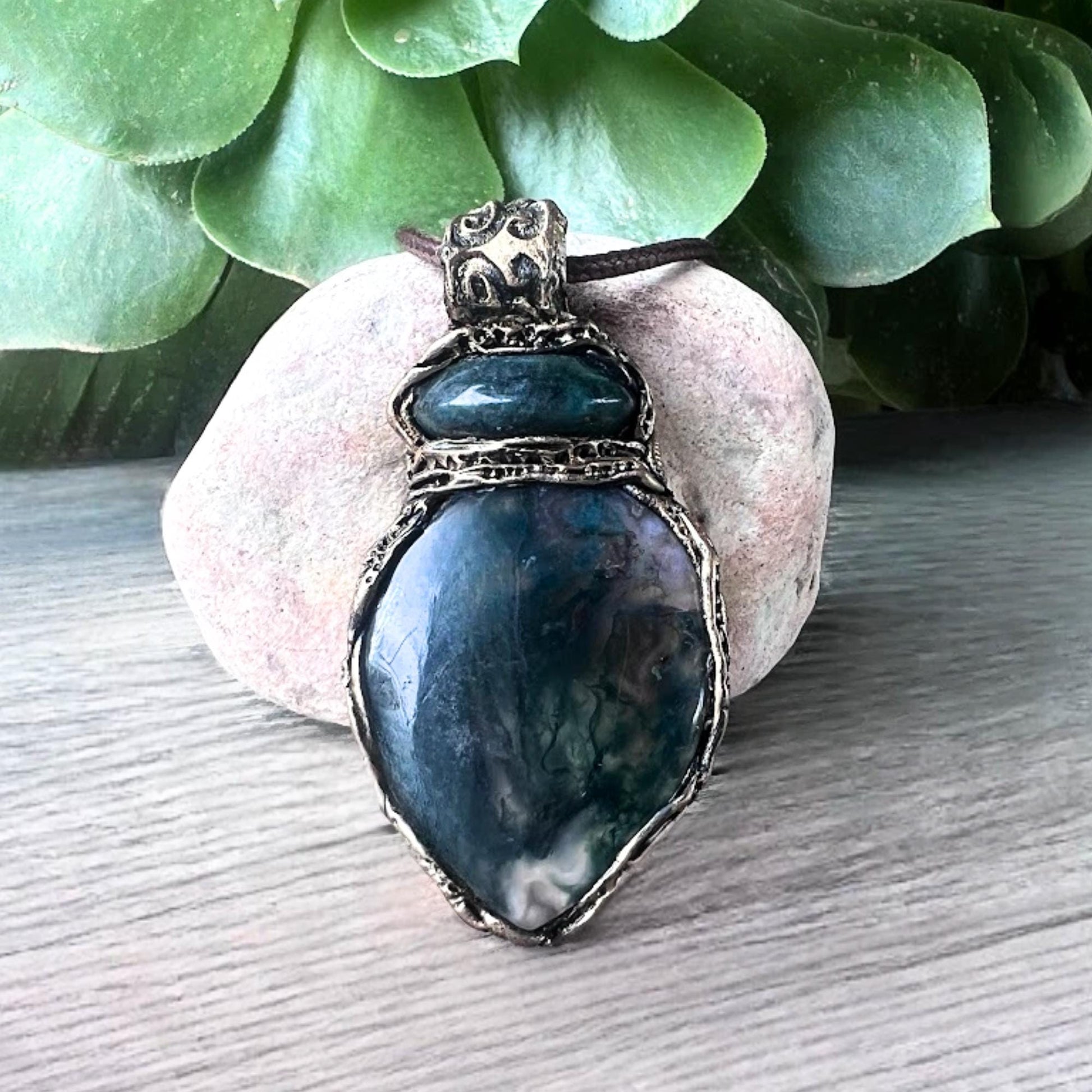 Moss Agate and Jade Statement Necklace -  Green Crystal Amulet