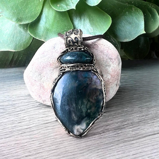 Moss Agate and Jade Statement Necklace -  Green Crystal Amulet