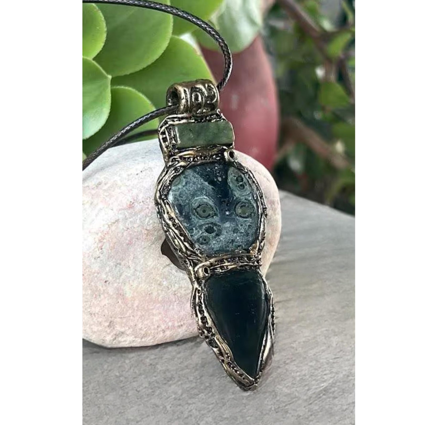 Jade and Kambaba Jasper Pendant Necklace -  Green Healing Crystal Amulet for Balance and Protection