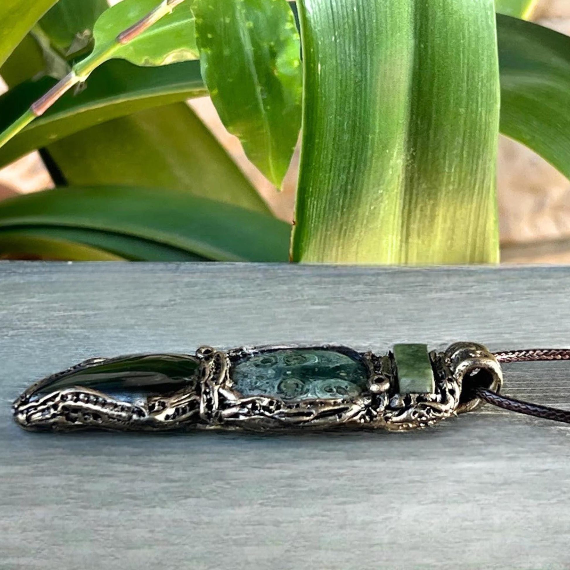 Jade and Kambaba Jasper Pendant Necklace -  Green Healing Crystal Amulet for Balance and Protection