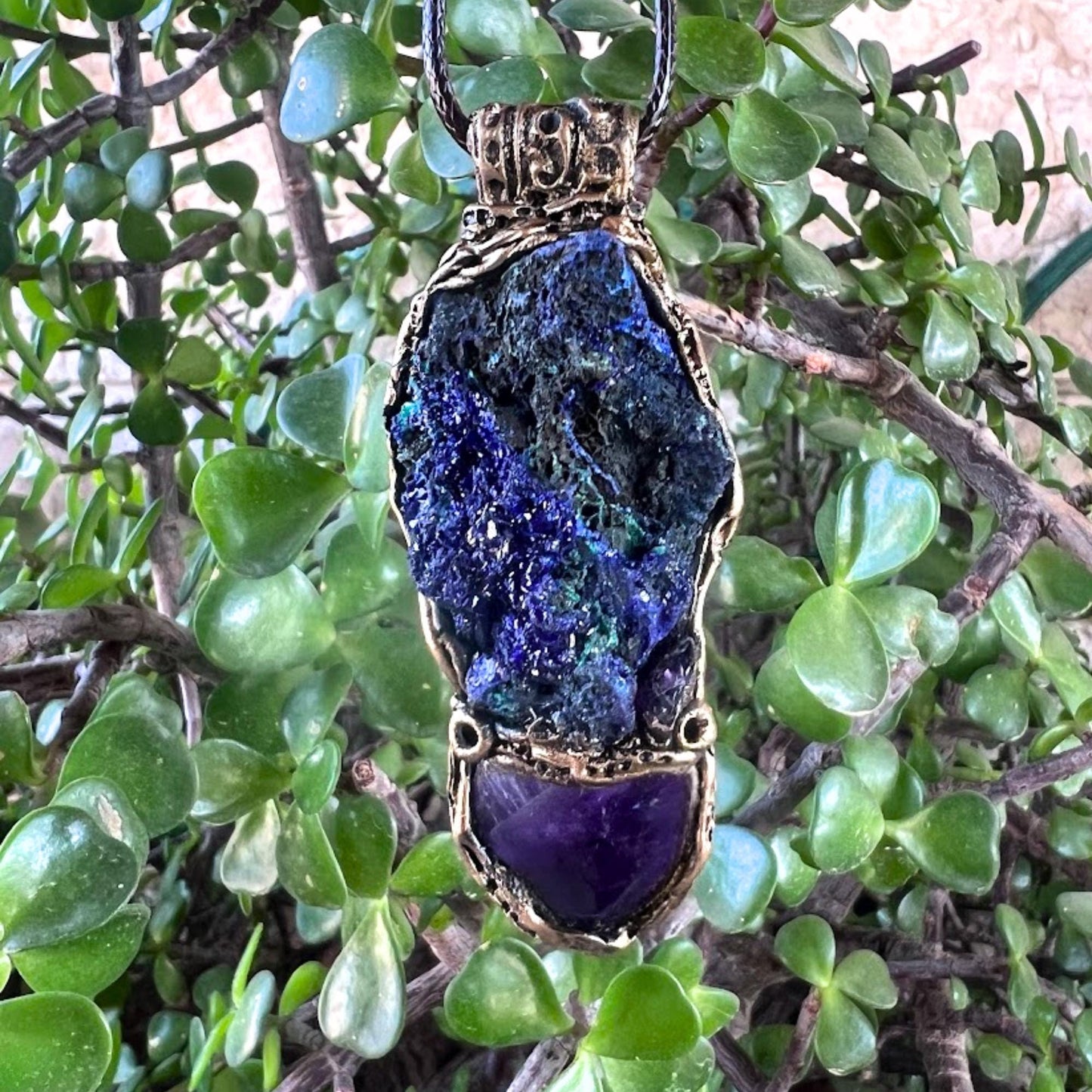 Amethyst and Azurite Malachite Pendant -  Raw Healing Crystal Amulet Necklace