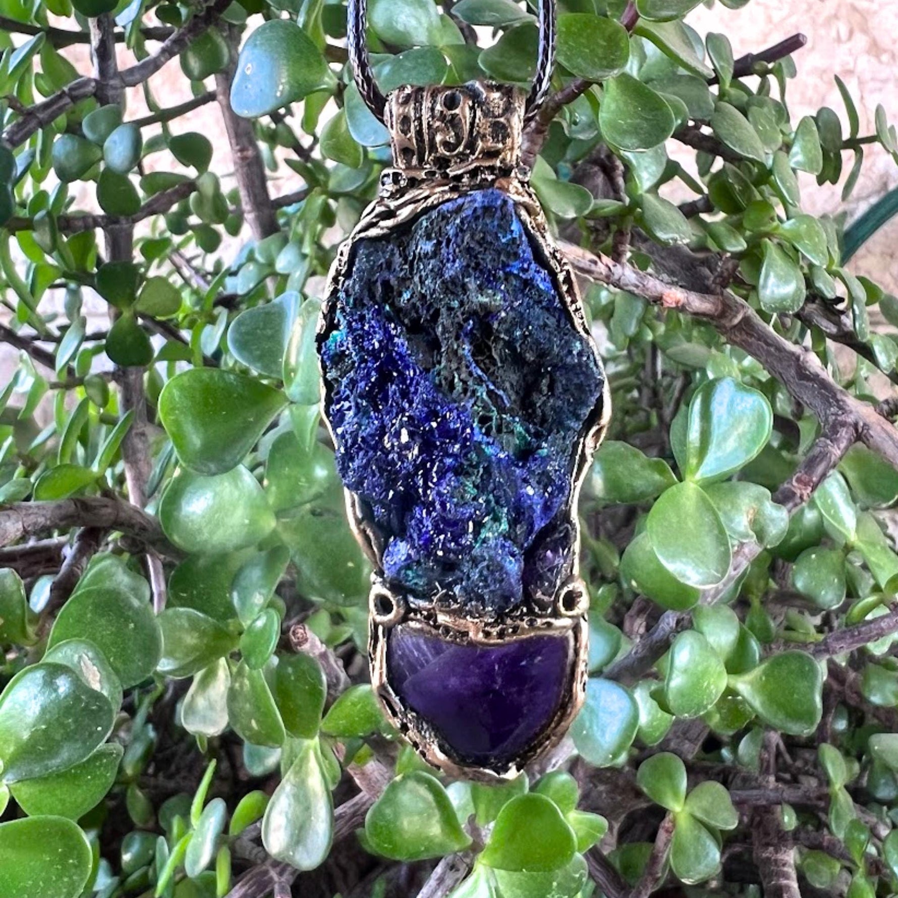 Amethyst and Azurite Malachite Pendant -  Raw Healing Crystal Amulet Necklace