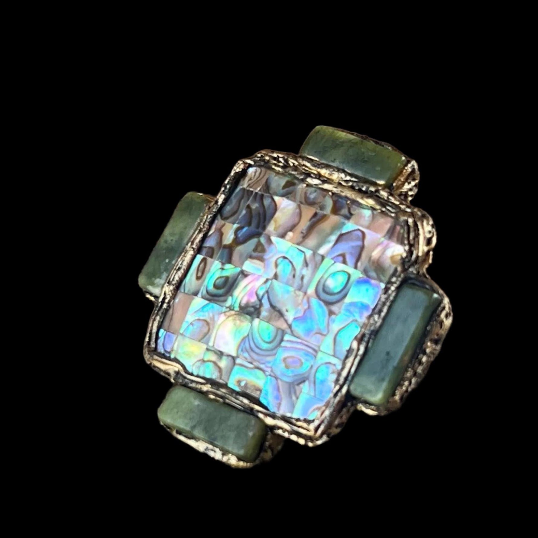 Abalone and Jade Green Stone Ring - Chunky Square Oversized Cocktail Ring