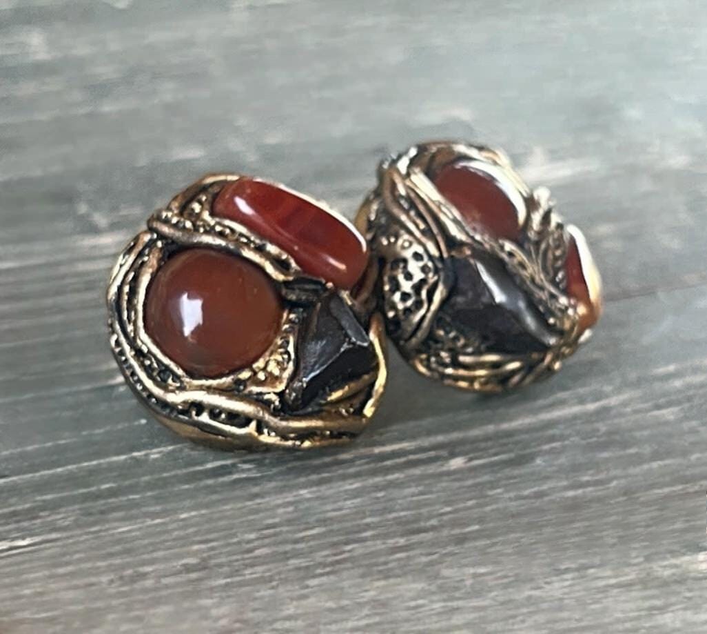 Carnelian Stud Red Brown Stone Earrings