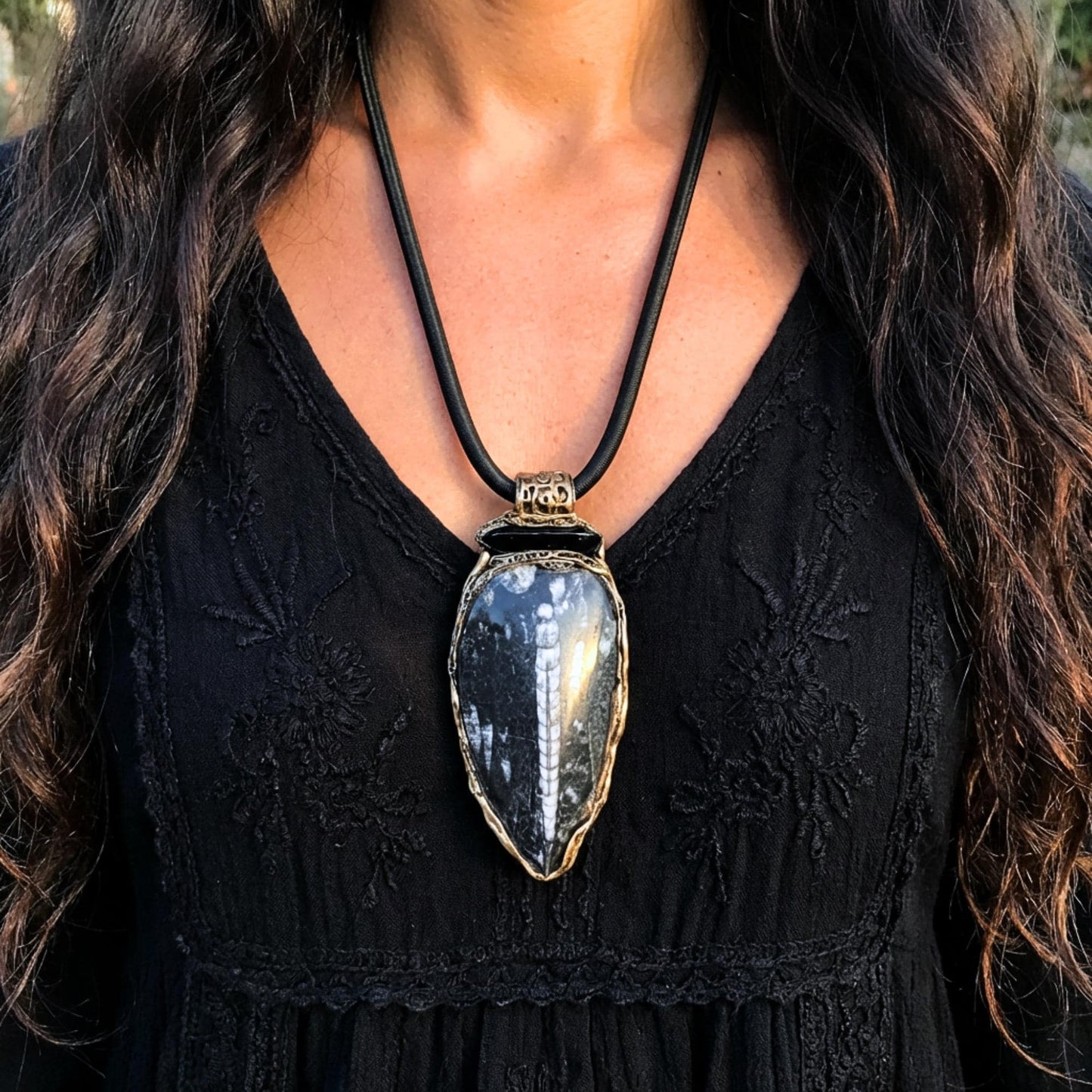 Black Onyx Pendant Beaded Necklace with Large Fossil - Bold Statement Gemstone Jewelry