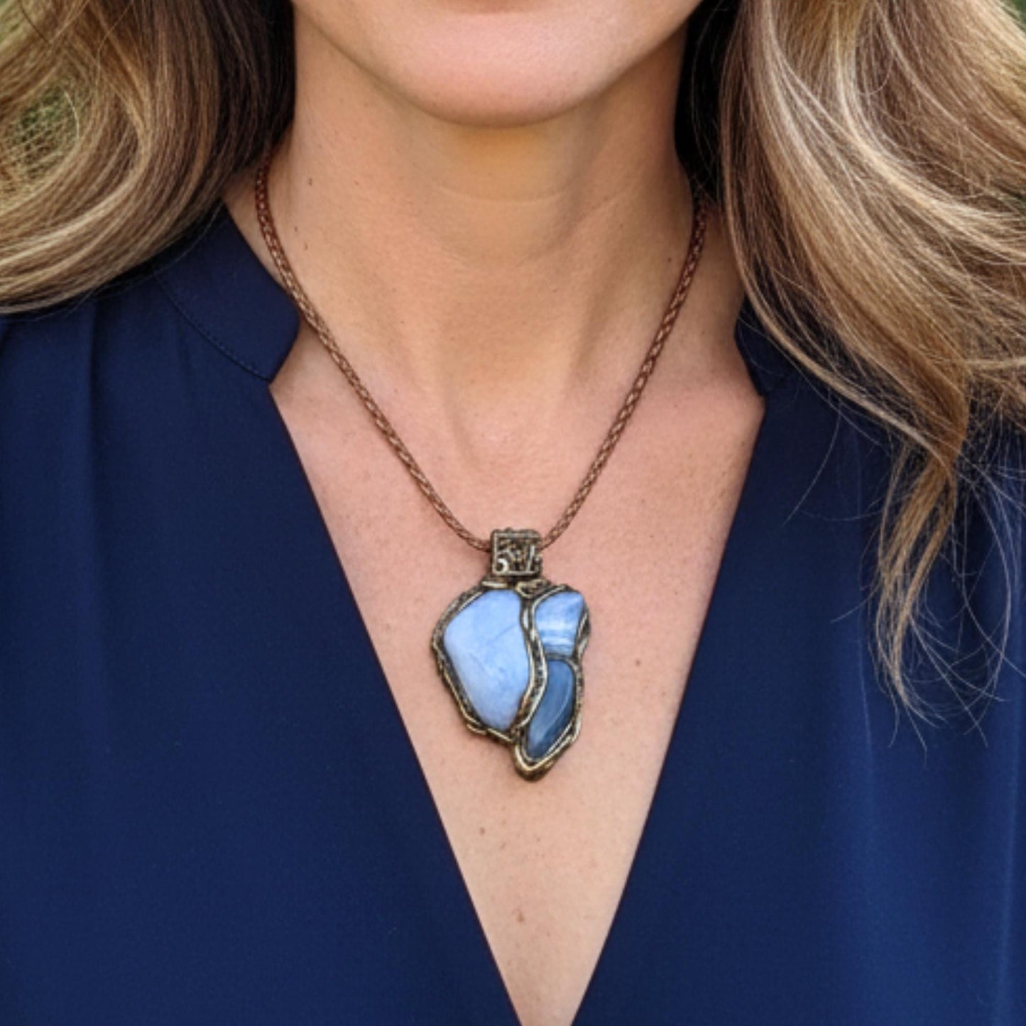 Blue Lace Agate and Chalcedony Necklace -  Healing Crystal Amulet Pendant