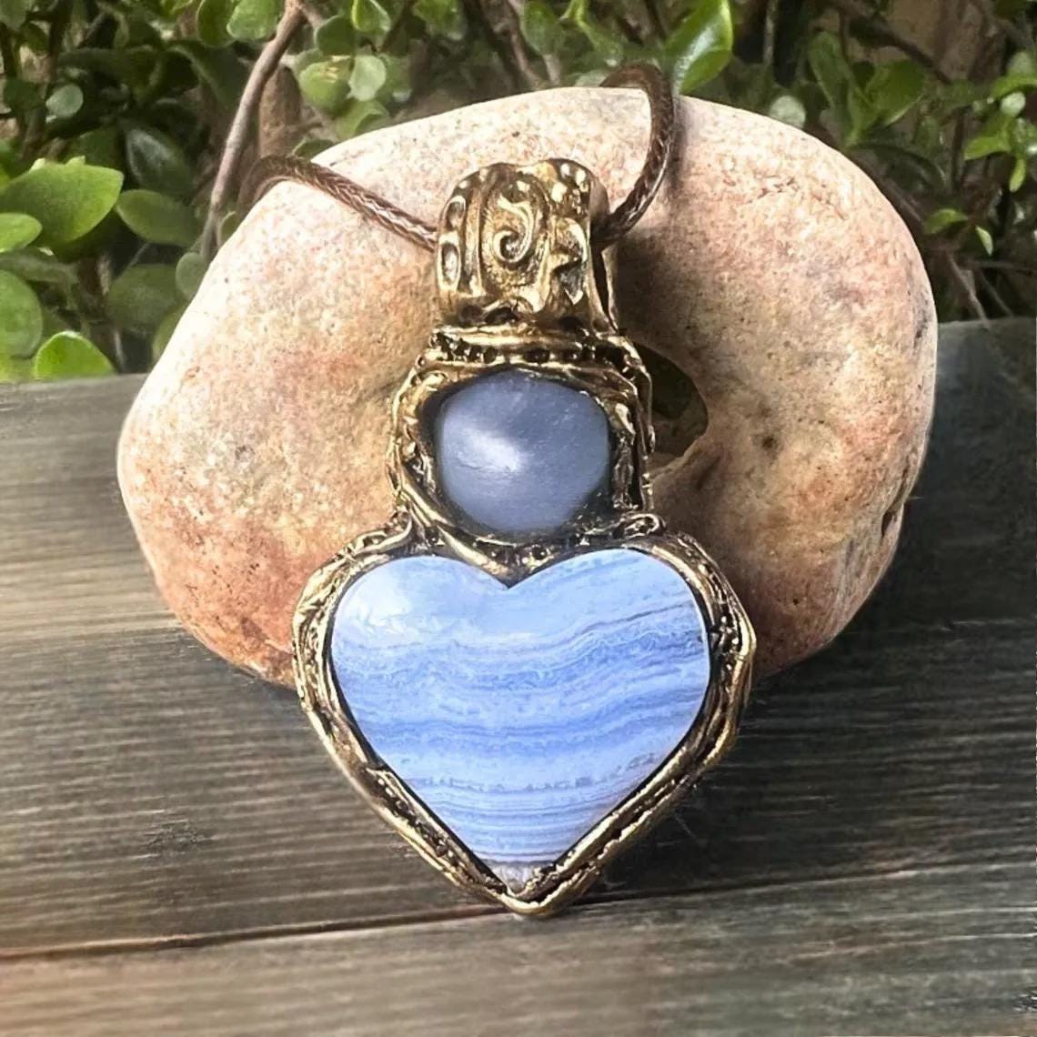 Blue Lace Agate and Chalcedony Heart Stone Pendant Necklace - Healing Crystal Amulet