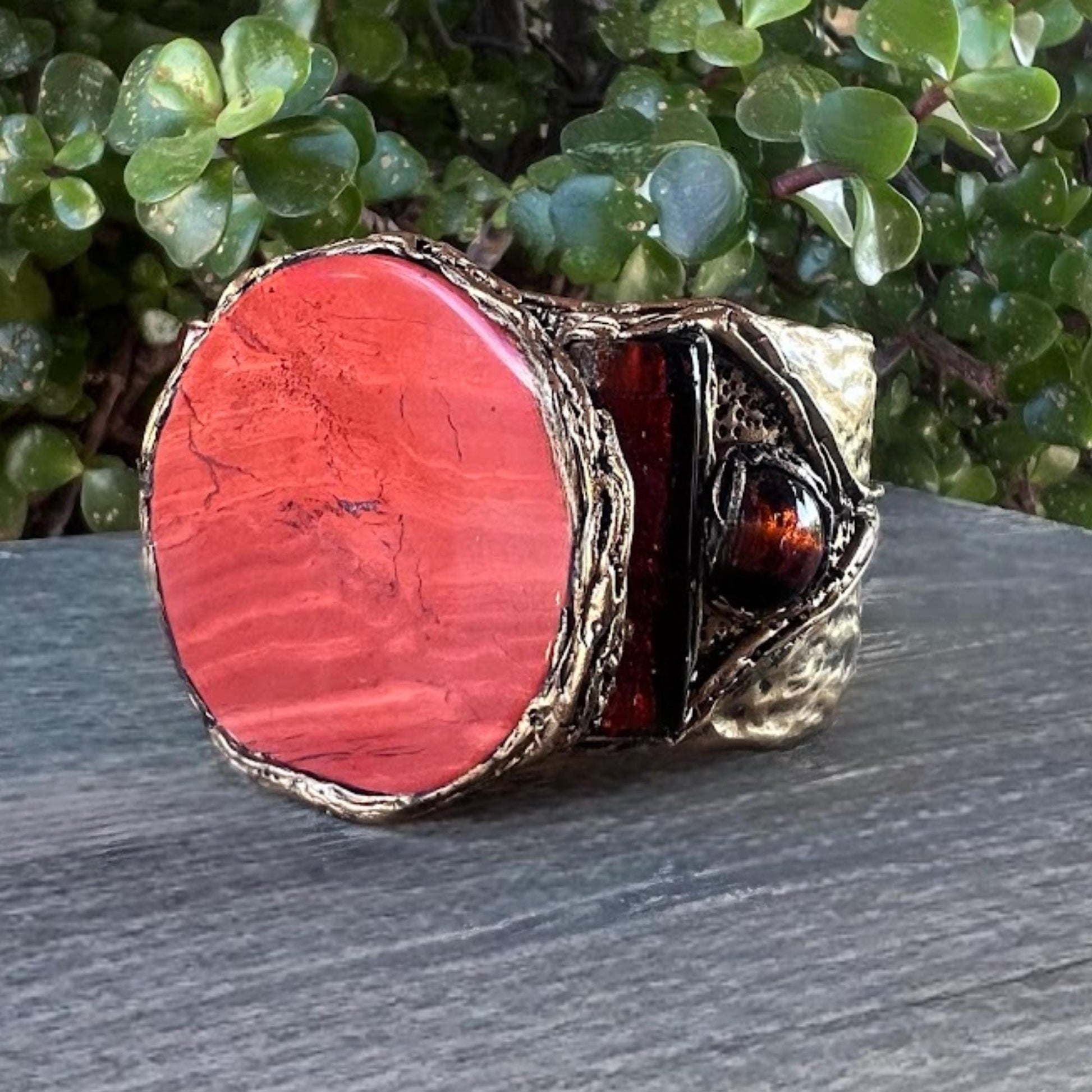 Red Jasper Stone Wide Cuff Bracelet Chunky Statement Jewelry