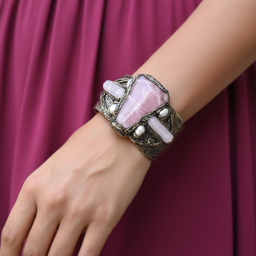 Rose Quartz Chunky Cuff Bracelet - Unique Crystal Jewelry for Special Occasions