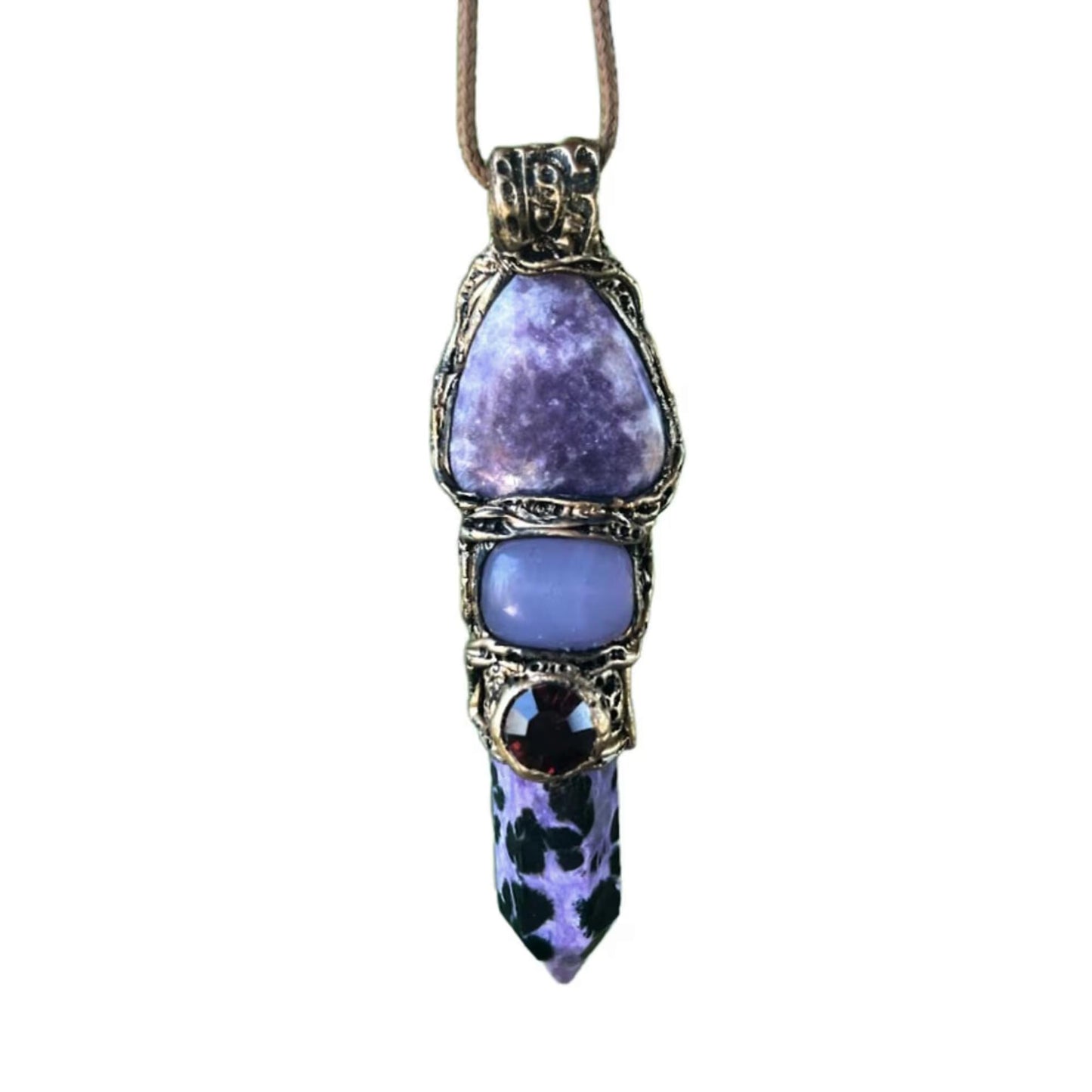 Lepidolite Charoite and Chalcedony Necklace - Purple Crystal Amulet