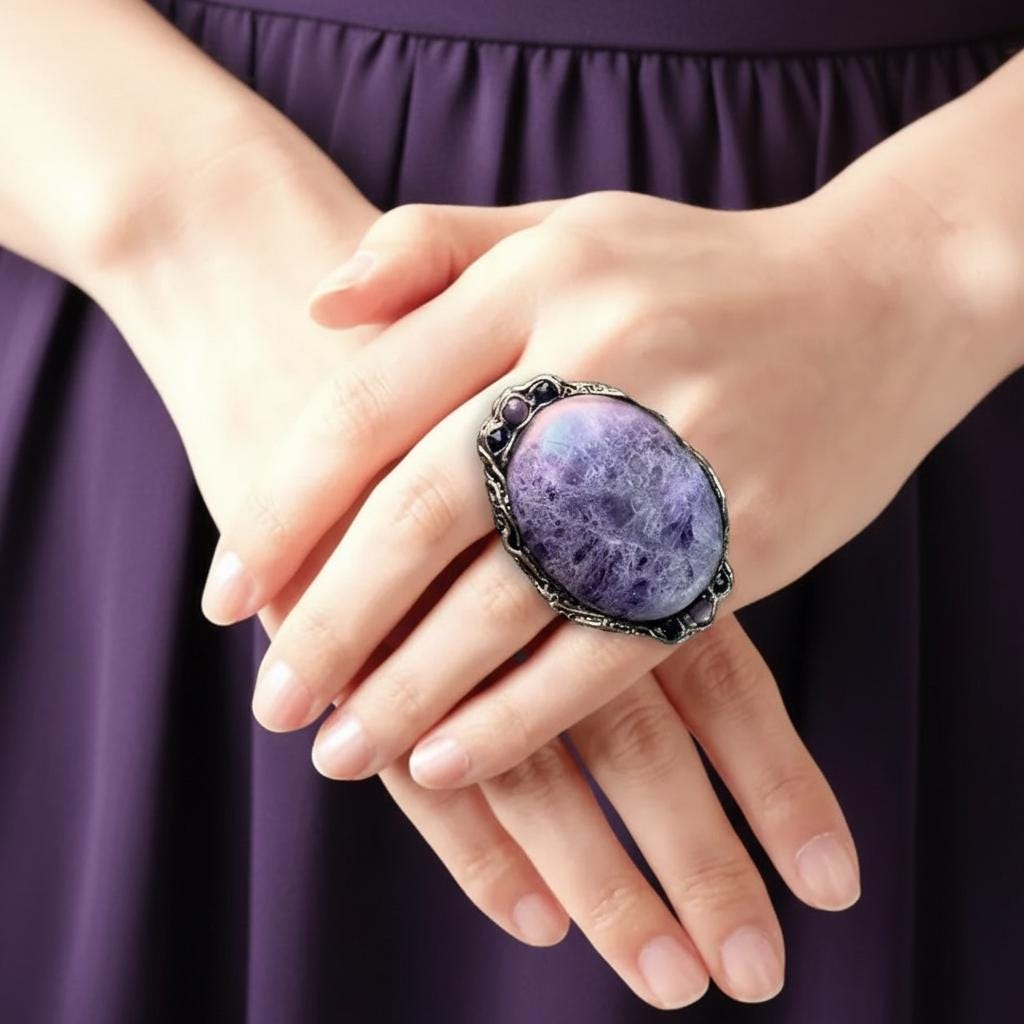 Chunky Purple Charoite Ring - Statement Gemstone Oval Cocktail Ring